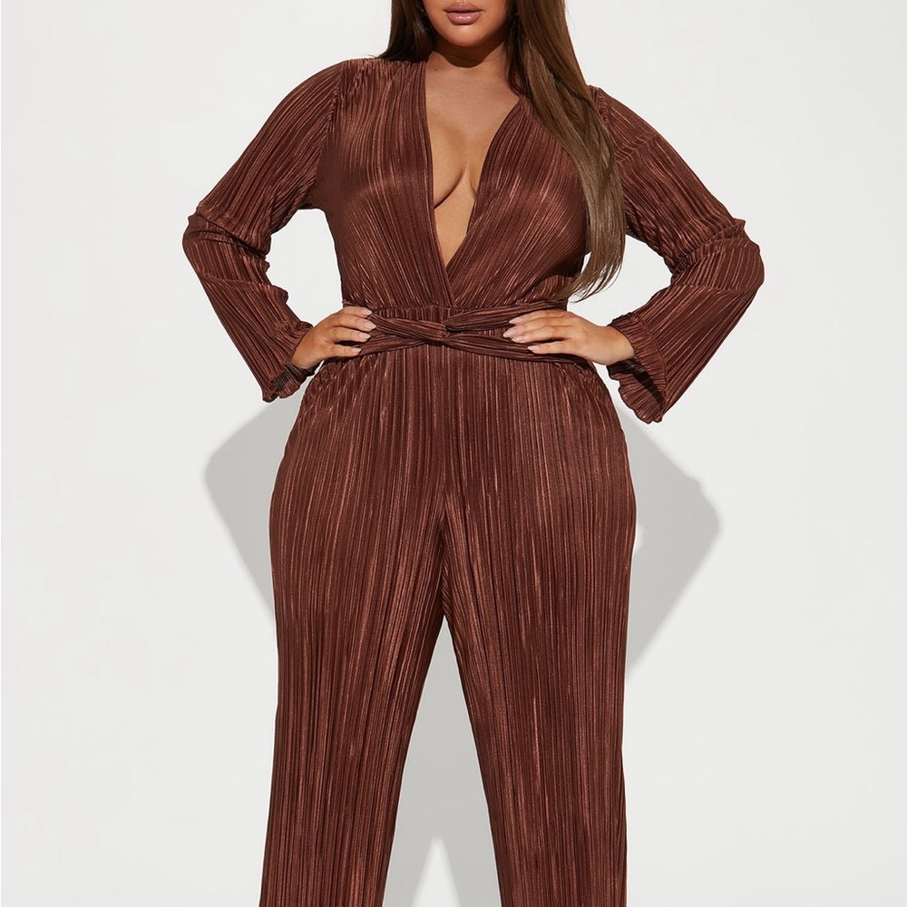 Fashion Nova Kira Plisse Deep V-Neck Brown Jumpsuit
